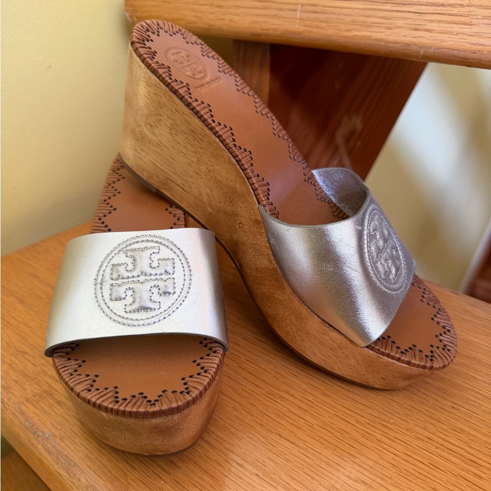 Tory Burch Metallic Silver Leather Logo Wedge Slides